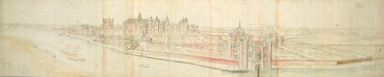 Nehirden Hampton Court Sarayı, c.1544 (kağıt üzerinde kalem, mürekkep ve wc) by Anthonis van den Wyngaerde