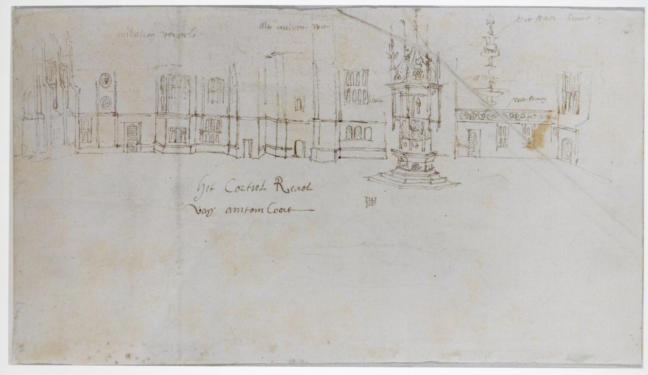 The Fountain Court, Hampton Court Palace, c.1544 (kağıt üzerinde kalem ve mürekkep ve kurşun kalem) by Anthonis van den Wyngaerde