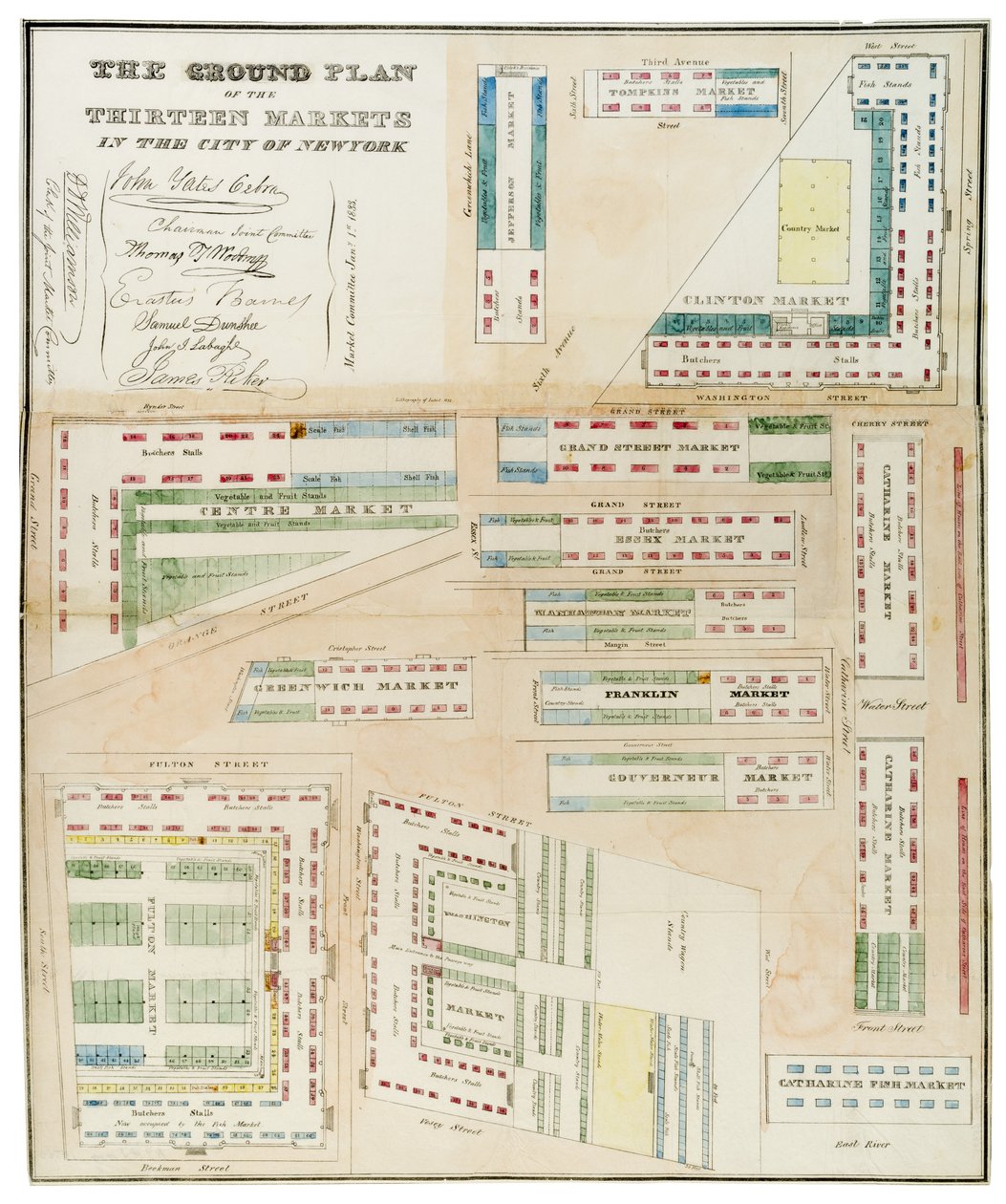 New York Şehrindeki On Üç Pazarın Zemin Planı, 1833 (siyah mürekkep, renkli yıkamalı, kağıt üzerinde) by Anthony Imbert