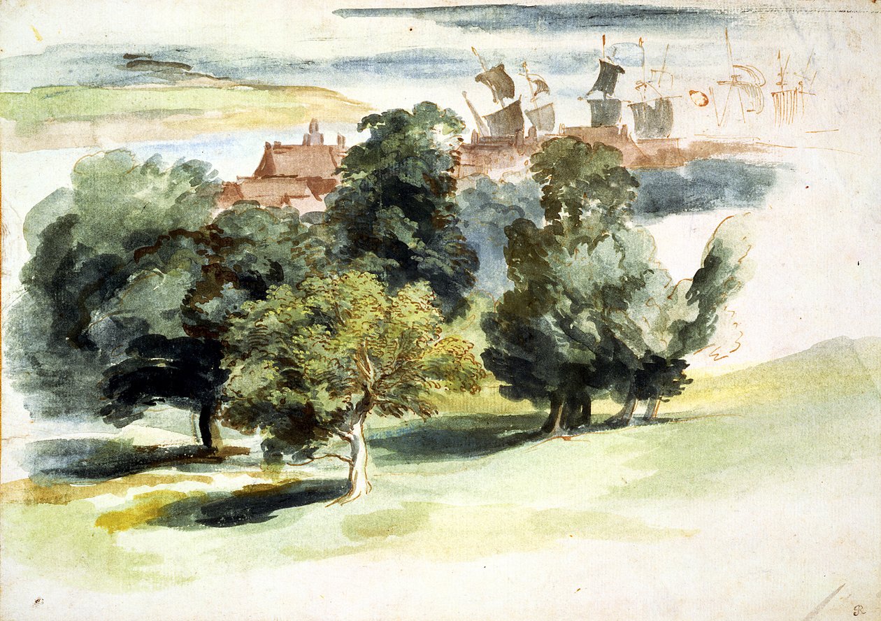 Bir İngiliz Manzarası, c.1635-41 (wc, guaj ve kağıt üzerine kalem ve mürekkep) by Anthony van Dyck