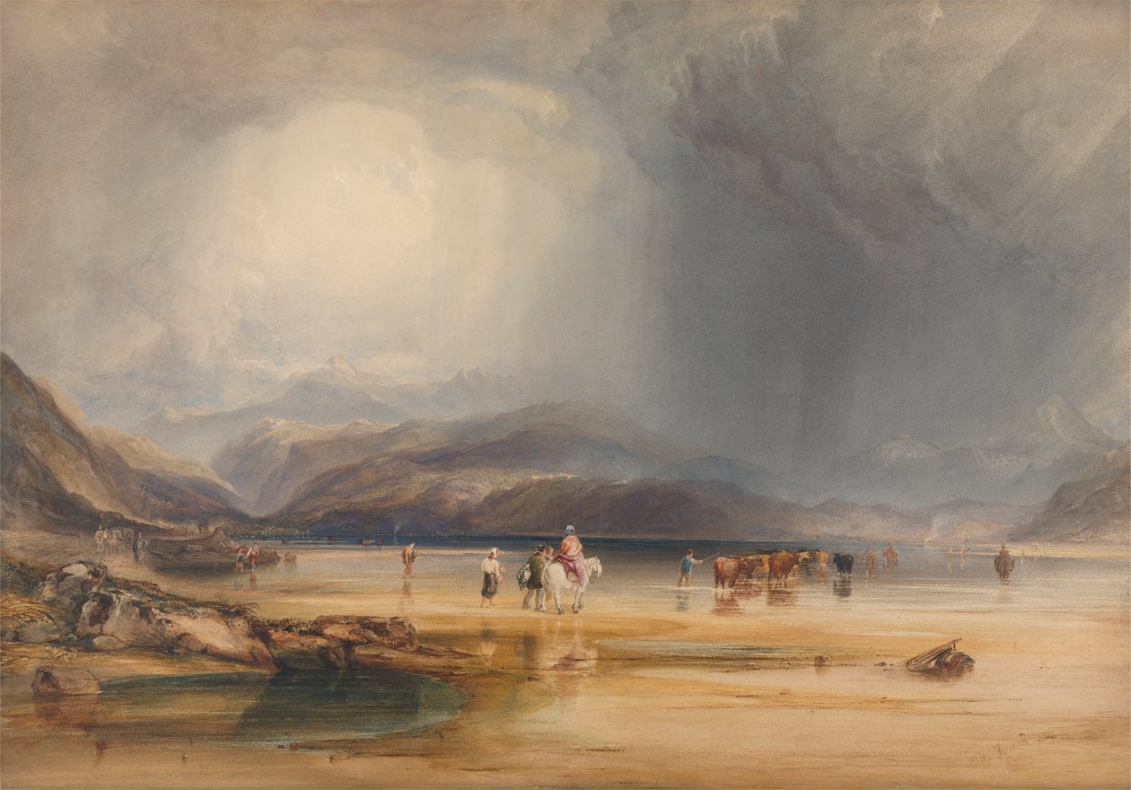 Pont Aberglaslyn ve Tremadoc Arasındaki Geçit'te çekilmiş, Traeth Mawr Kumları'ndan Snowdon'un Görünümü by Anthony Vandyke Copley Fielding