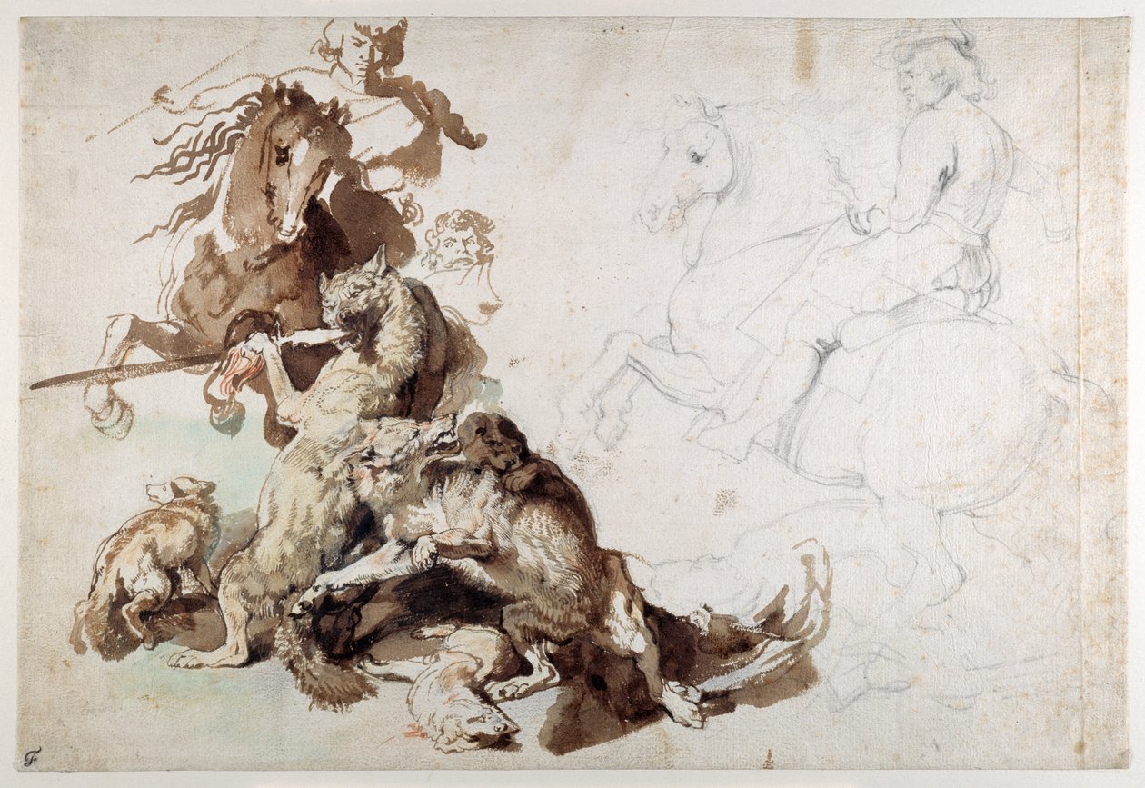 Bir Kurt ve Tilki Avı (Avrupa Avı) (kağıt üzerinde yıkanmış tebeşirler) by Anthony van Dyck