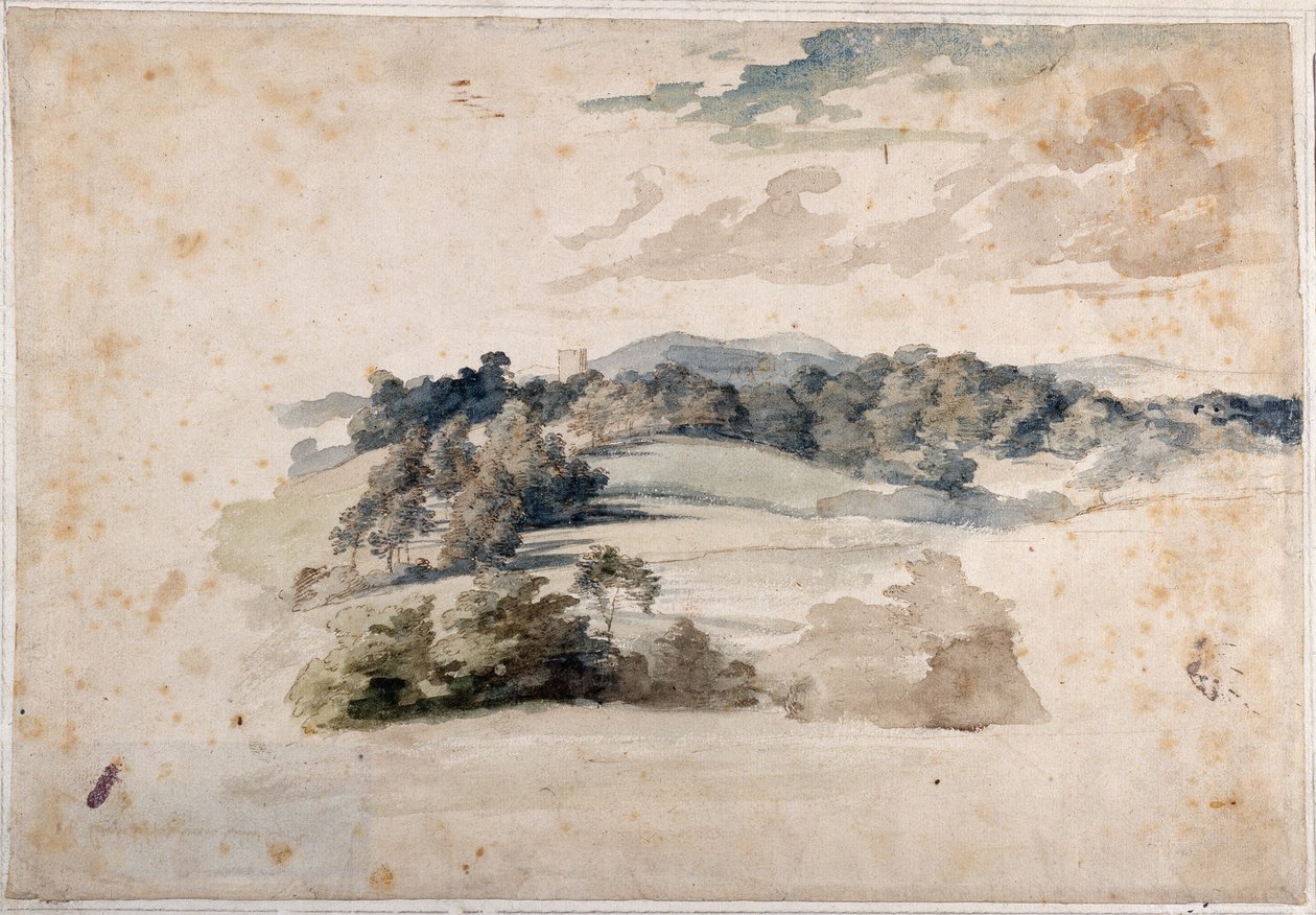 Çayırlar ve ormanlık tepelerden oluşan bir İngiliz Manzarası (kalem ve kağıt üzerine sulu boya) by Anthony van Dyck
