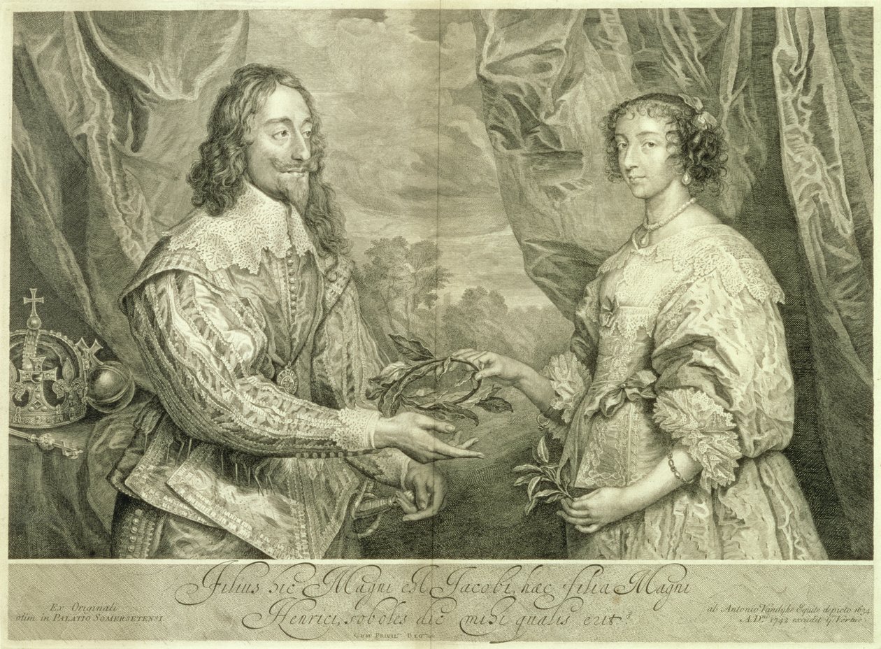 Charles I (1600-49) ve Henrietta Maria (1609-69), George Vertue (1684-1756) tarafından 1634, 1742 tarihli bir tablodan sonra oyulmuş by Anthony van Dyck