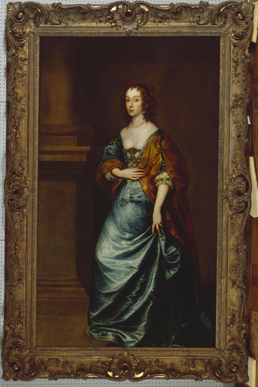 Mary Villiers, Lennox ve Richmond Düşesi, mavi bir elbise ve bir sütunun yanında kahverengi şal by Anthony van Dyck