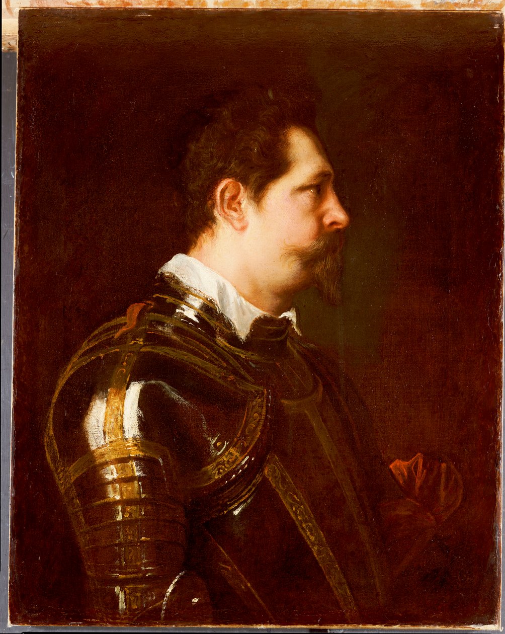 Beyaz yakalı ve kırmızı kuşaklı, damascend zırhlı, göğüs uzunluğunda genel bir portre by Anthony van Dyck