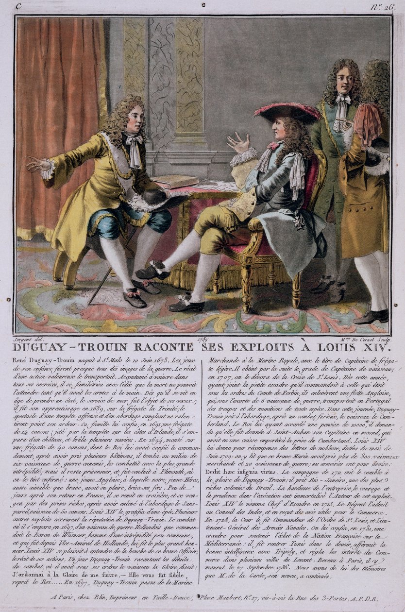 Duguay-Trouin (1673-1736), denizdeki başarılarını Louis XIV'e anlatırken, Madame de Cernel (1753-1834), 1789 tarafından oyulmuş by Antoine Louis Francois Sergent Marceau