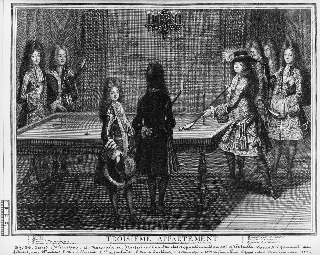 Louis XIV playing billiards with his brother, Monsieur, his nephew the duc de Chartres , his son, the Comte de Toulouse and other relatives and courtiers, the duc de Vendome, Monsieur d