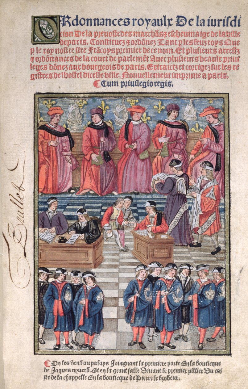 Paris tüccarları ve belediye meclisi üyeleri, vergi toplama sahnesi, 'Ordonnances Royaux de la Juridiction de la Prevote des Marchands et Echevinage de la Ville de Paris'ten başlık sayfası, 1501, yeni baskı by Antoine Verard