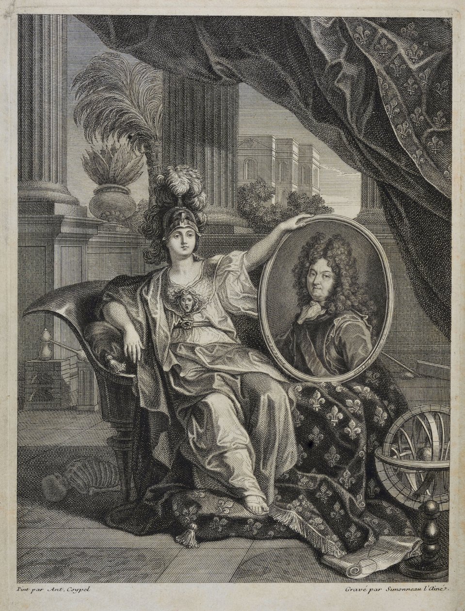 Louis XIV, Fransa Kralı, Bilimlerin Koruyucusu - Antoine Coypel Kraliyet Bilimler Akademisi Tarihi, yıl 1703 tarafından gravür by Antoine (after) Coypel