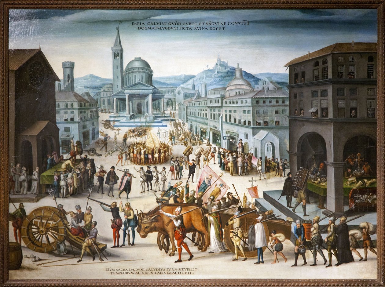 1562'de Kalvinistler tarafından Sac de Lyon. Protestan ikonoklastikleri, Katolik Kilisesi'nin dini imgeleri kültüne karşı hareket eder. İlk dinler savaşı sırasında, Baron des Adrets liderliğindeki reformlar Belediye Binası'nı ve Lyon şehrinin h by Antoine (school of) Caron