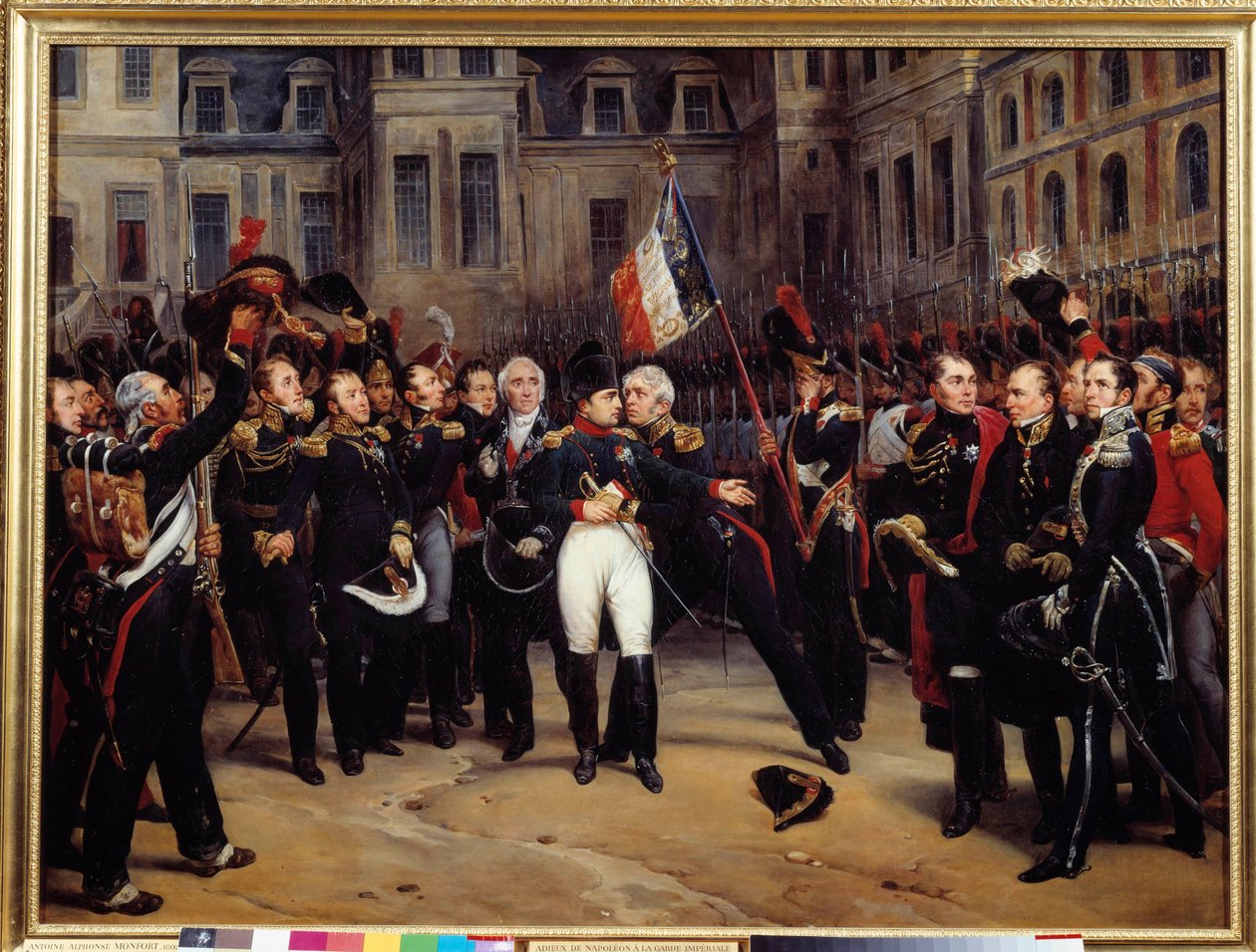 1814'ün tahttan indirilmesi - “” 20/04/1814'te Fontainebleau'daki Cheval Blanc'ın avlusundaki imparatorluk muhafızına Napolyon Bonapart'ın (1769-1821) vedası”” Antoine Montfort (1802-1884) 19. yüzyıl Güneşi. 0,98x1,3 m by Antoine Alphonse Montfort