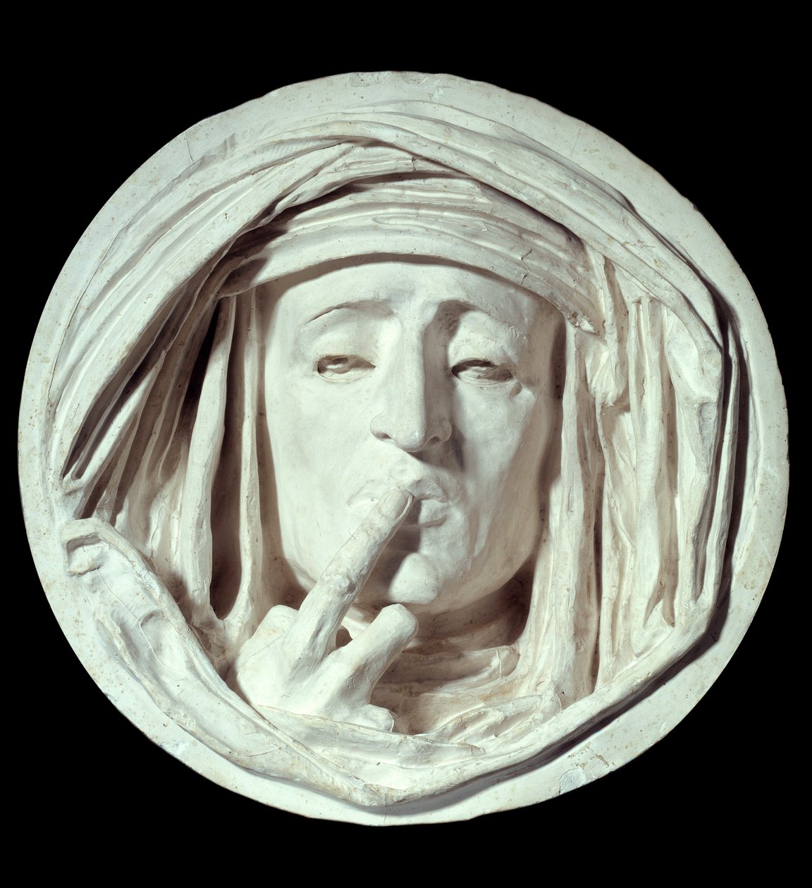 Sessizlik Bir adamın parmağını ağzına koyduğu sembolik bir jest. Auguste Preault (1809-1879) tarafından yapılan alçı heykel 19. yüzyıl Paris, Louvre Müzesi by Antoine Augustin Preault