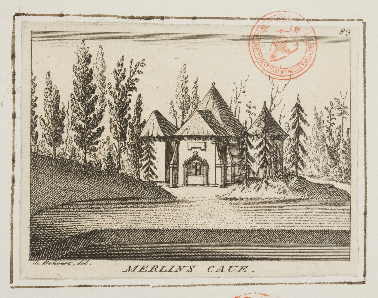 Merlin Mağarası'nın görünümü, Kew Bahçeleri, 'Lysons' Environs of London'dan bir çizim, c.1750 (gravür) by Antoine Benoist