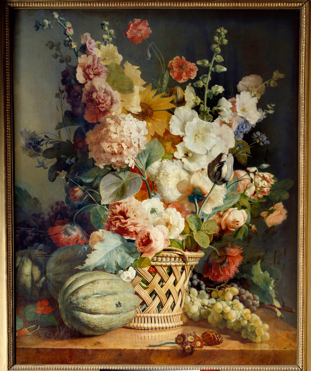 Hasır sepette çiçekler ve meyveler. Antoine Berjon tarafından boyama by Antoine Berjon