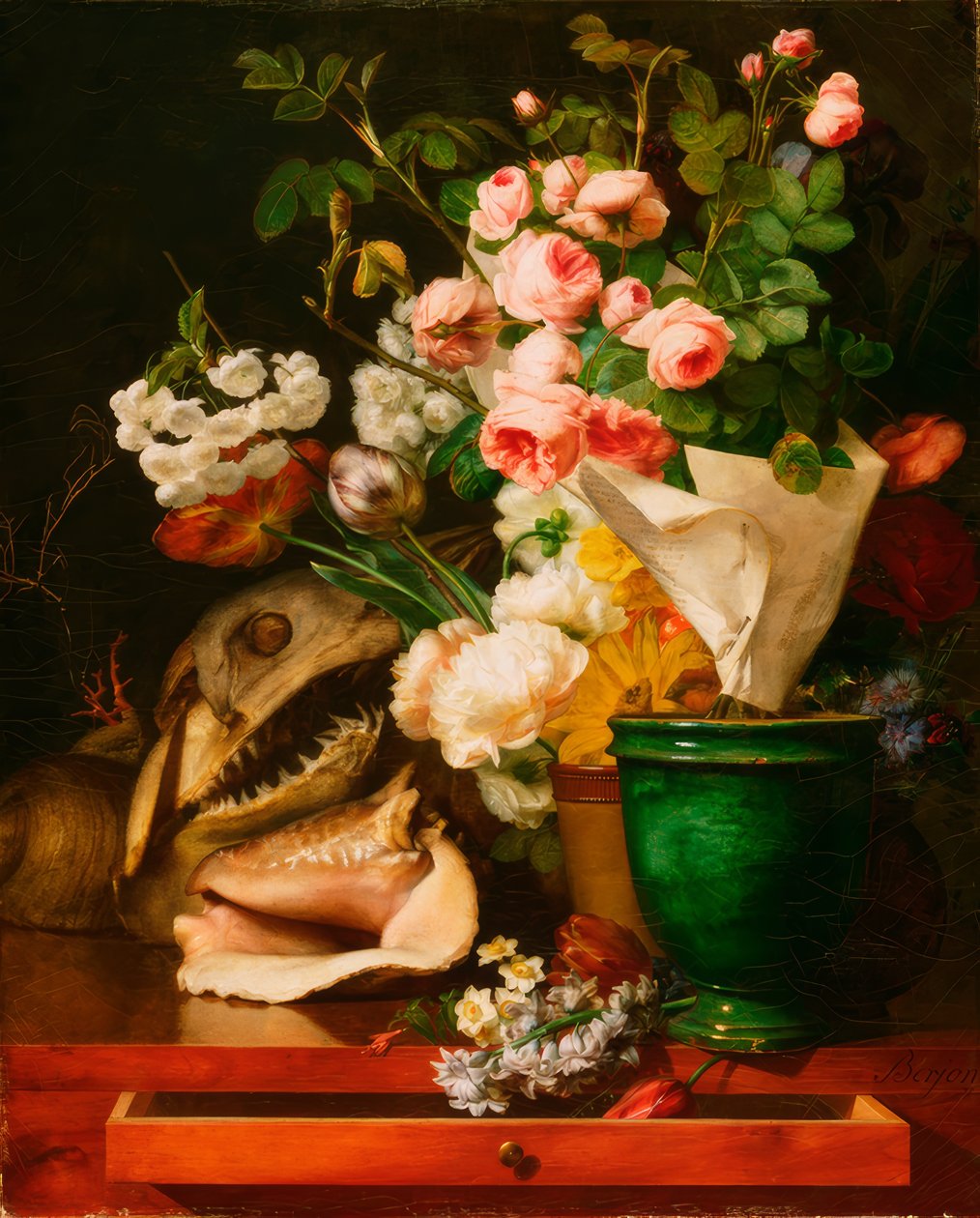 Çiçekler, deniz kabukları, köpekbalığı kafası ile natürmort by Antoine Berjon