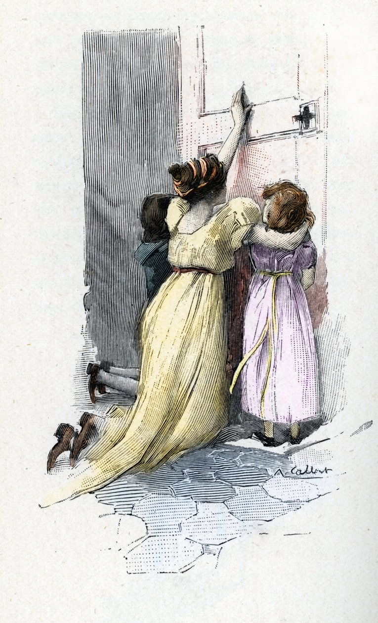 Josephine de Beauharnais, Mısır'da kaldığı süre boyunca evlilik dışı maceralar öğrendikten sonra Napolyon Bonapart'ın (1769-1821) odasının kapısında çocukları Hortense ve Eugene ile ağlıyor. by Antoine Calbet