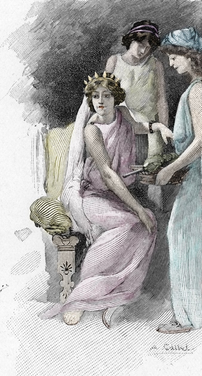 Odyssee d'Homere: Chant IV: Helene, takipçileriyle çevrili (Homer tarafından Odyssey: Helen ve hizmetkarları) Yunan şair Homere'nin “Odyssee” için Antoine Calbet'nin (1860-1944) illüstrasyonu (Homer tarafından Odyssey) 1897 Özel koleksiyon by Antoine Calbet