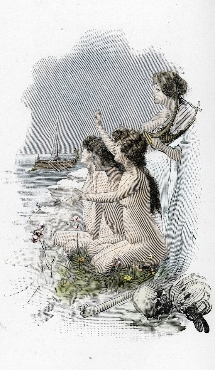 Odyssee d'Homere: Chant XII: Odyssey, Homer: Odysseus ve normalde yoldan geçen denizcilerin kayalara doğru yönelmelerine neden olan büyüleyici bir şarkı söyleyen sirenler, sadece kayalara çarpıp batmalarına neden oldu. L'odyssee”” kaynağından by Antoine Calbet
