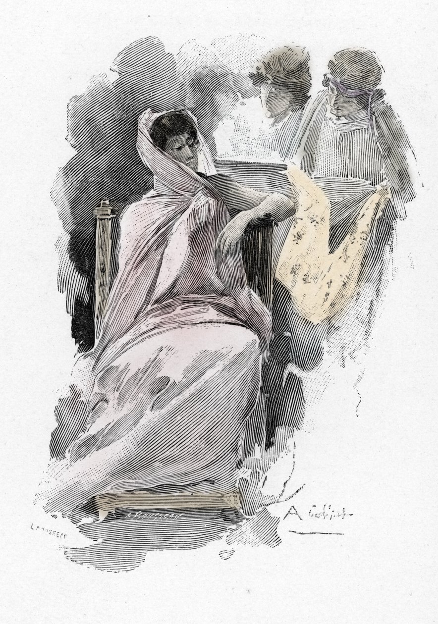Odyssee d'Homere: Penelope ve takipçileri (Odysseia by Homer: Penelope and her uşaklar) Yunan şair Homere'nin “Odyssee” için Antoine Calbet (1860-1944) çizimi (Homer tarafından Odyssey) 1897 Özel koleksiyon by Antoine Calbet
