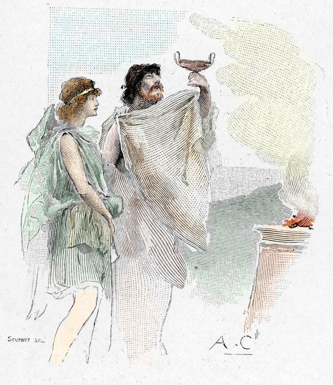 Odyssee d'Homere: “”” Nestor oğlu Pisistrate, Pylos'ta bir Telemaque'a bir bardak şarap teklif eder” (Nestor'un oğlu Peisistratus (Peisistratos veya Pisistratus), Pylos'ta telemachus'u bir bardak şarapla karşılar) İllüstrasyon, Anto by Antoine Calbet