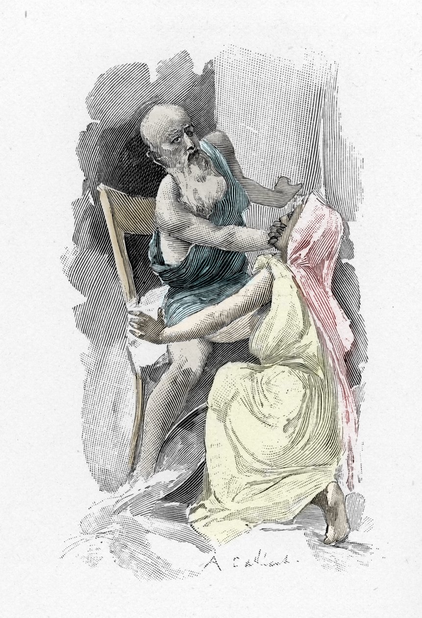 Odyssee d'Homere: Şarkı Söylemek 19 “” Ulysses deguise en begdiant, onu tanıyan yaşlı Euryclee'yi sessiz kalmaya mecbur ediyor” (Homer tarafından Odyssey: Dilenci kılığına giren Odysseus, onu tanıyan Eurycleia'ya sır saklamaya yemin eder) Antoi by Antoine Calbet