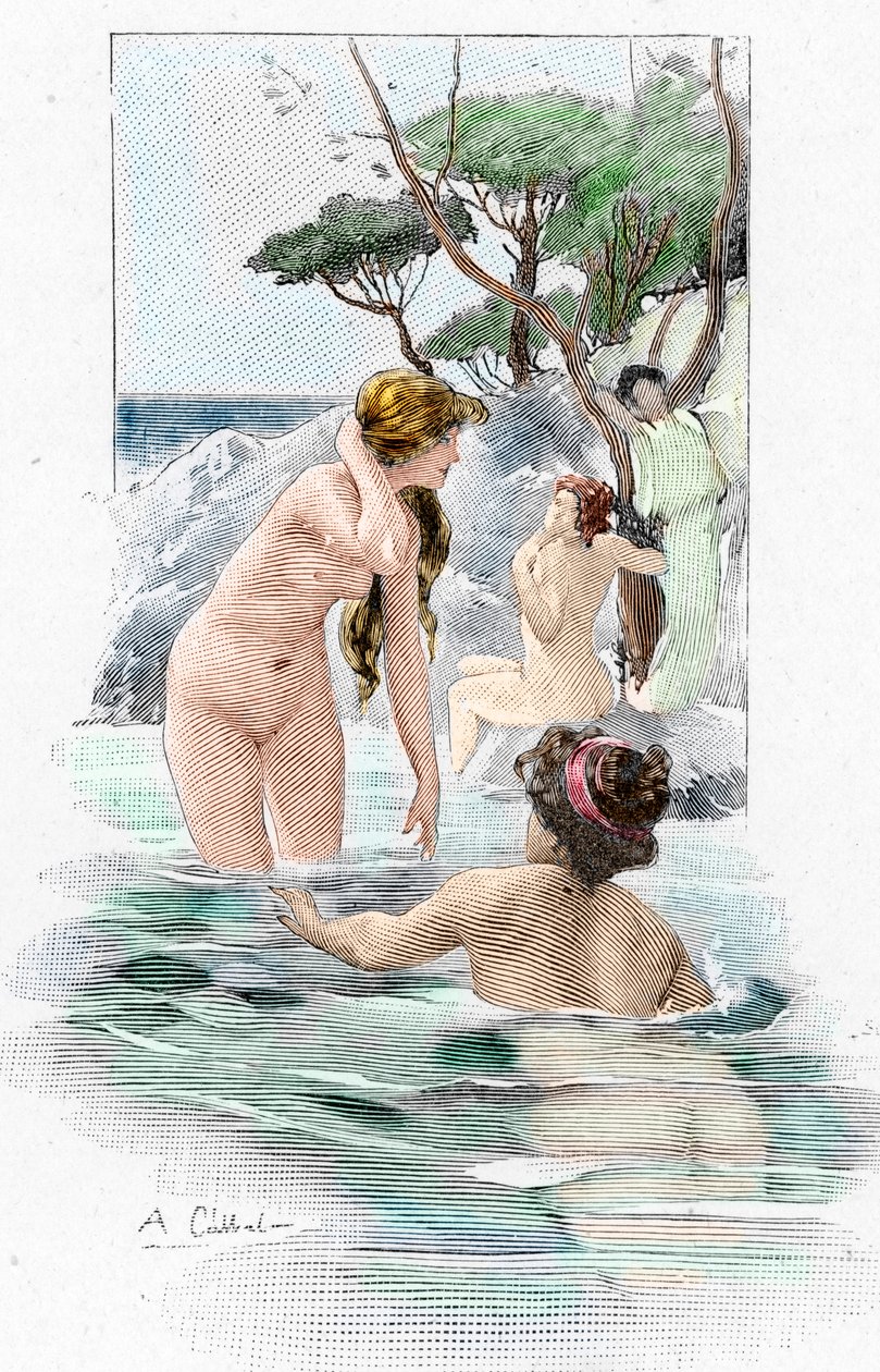 Homere Odyssee: “Kral Alcinous'un kızı Nausicaa ve nehirde çamaşırlarını yıkayan hizmetçileri” Yunan şair Homere'nin “Odyssee” için Antoine Calbet'nin (1860-1944) illüstrasyonu (Homer tarafından Odyssey) 1897 Özel koleksiyon by Antoine Calbet