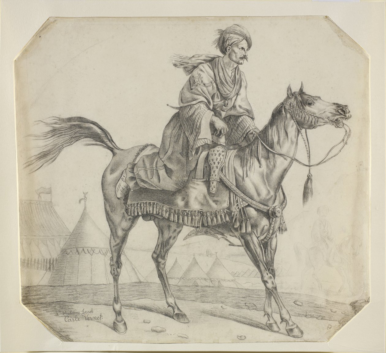 Atına binen bir Memluk (kağıt üzerine siyah tebeşir) by Antoine Charles Horace Vernet