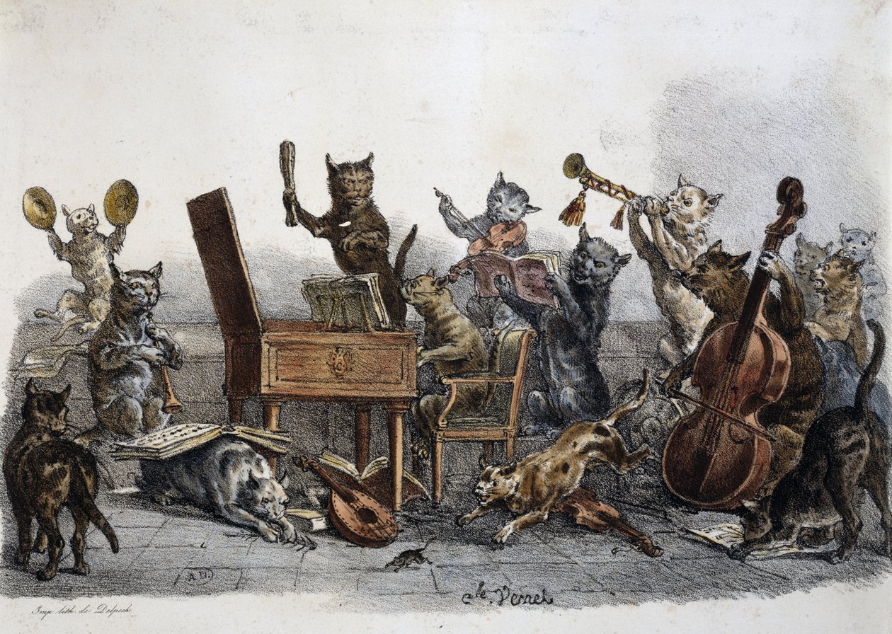 Amatör bir konser, müzik aletleri çalan kedilerin karikatürü, Carle Vernet (1758-1836), Fransa tarafından gravür by Antoine Charles Horace Vernet