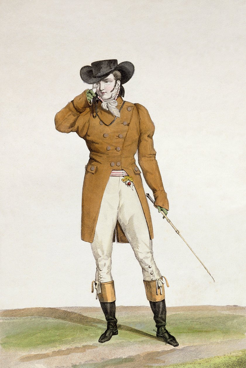 Kayık şeklinde bir şapka, boz renkli bir ceket ve güderi pantolon giymiş bir Dandy, Georges Jacques Gatin (1773-183) tarafından oyulmuş moda plakalarının 
