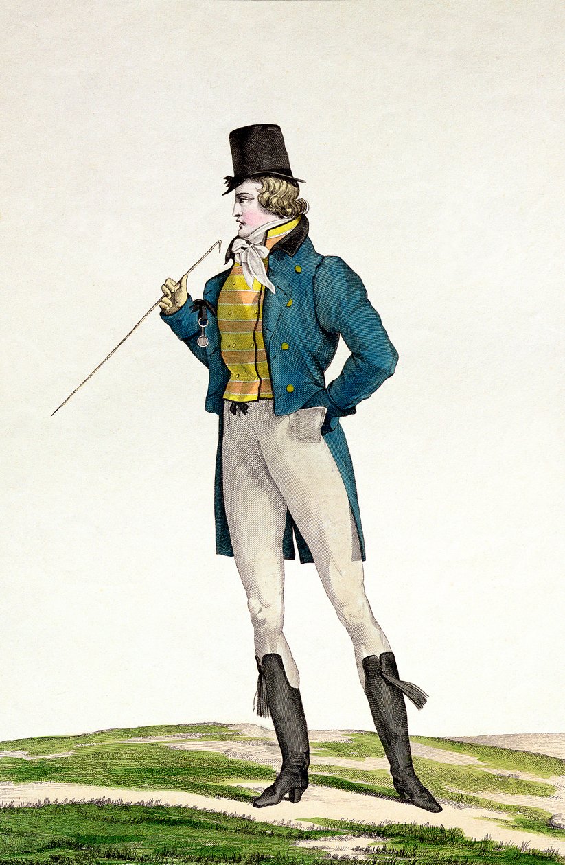 Çocuksu bukleler, örgü pantolonlar ve binici çizmeleri ile Robinson şapkalı bir Dandy, Incroyable et merveilleuse moda plakaları serisinde plaka 5, Georges Jacques Gtine (1773-1831) tarafından oyulmuş by Antoine Charles Horace Vernet