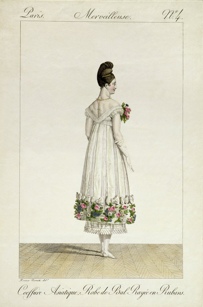 Kurdelalarla süslenmiş balo elbisesi içinde Asya saç stiline sahip bir Lady, Georges Jacques Gatin (1773-1831) tarafından oyulmuş moda plakalarının 