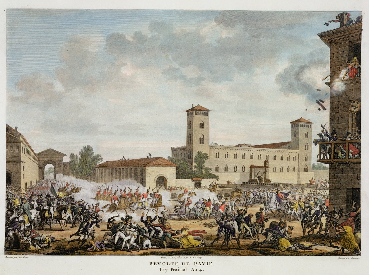 The Revolt of Pavia, 7 Prairial, 4. Yıl (Mayıs 1796), Jacques Joseph Coiny (1761-1809) (aquatint) tarafından kazınmış by Antoine Charles Horace Vernet