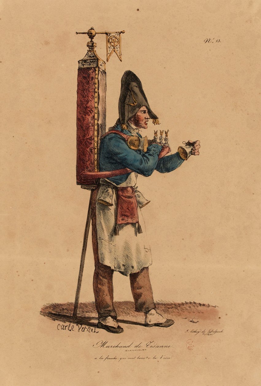 François Seraphin Delpech (1778-1825) tarafından oyulmuş The Cries of Paris serisinden 13 numara Tisane Seller by Antoine Charles Horace Vernet