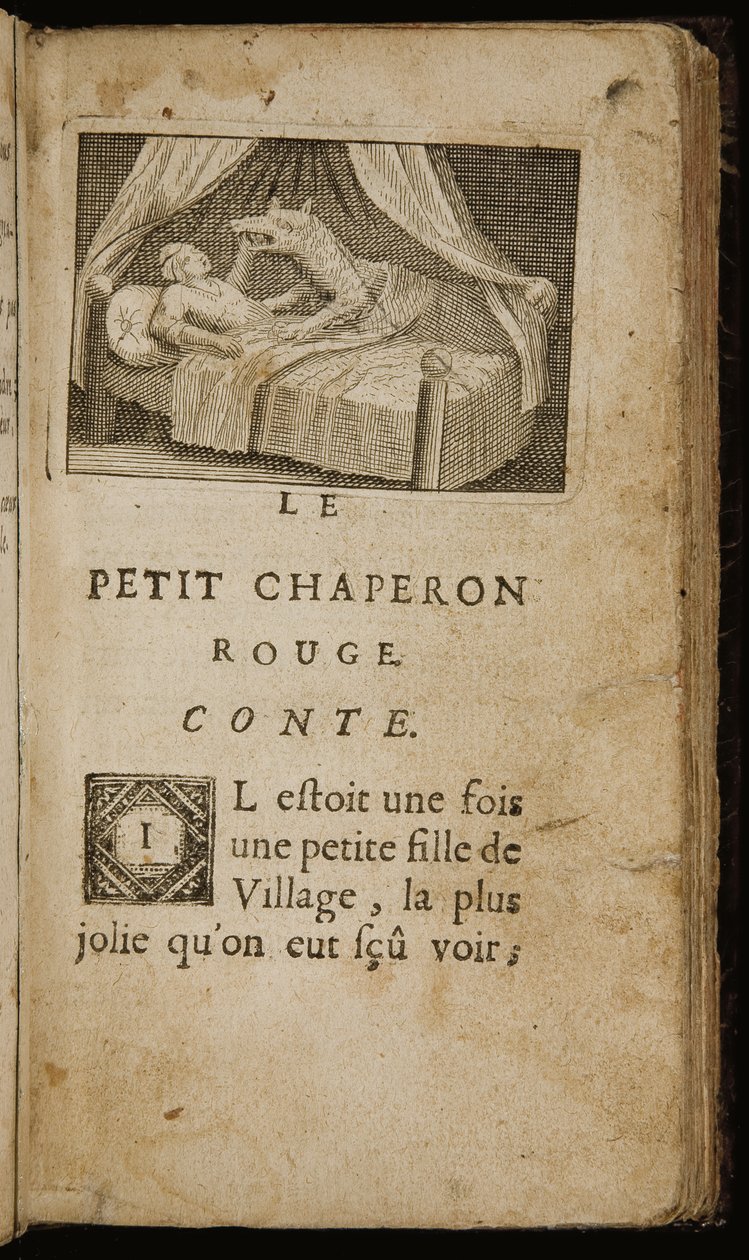 "Kırmızı Başlıklı Kız Masalı", Charles Perrault tarafından "Geçmişin Hikayeleri veya Masalları. Moralitelerle" sayfasından, Paris: Claude Barbin, 1697 by Antoine Clouzier