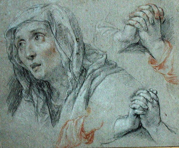Bakire Figürü Çalışmaları, yaklaşık 1700 (kağıt üzerinde beyazla vurgulanmış siyah ve kırmızı tebeşir) by Antoine Coypel