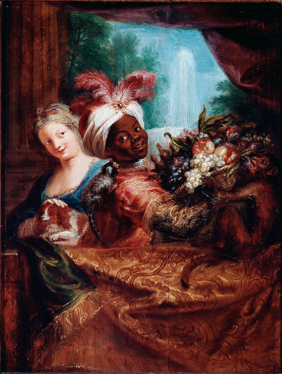 Genç kız bir köpeği okşuyor ve siyah bir hizmetçi meyve sepeti sunuyor Küçük bir maymun omzunda yatıyor. Antoine Coypel (1661-1722) Sun tarafından tablo. 28x21,5 cm Paris, Louvre Müzesi by Antoine Coypel