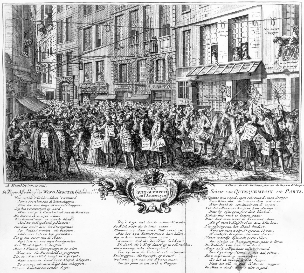 Investors in front of the Banque Royale headquarters in the Rue Quincampoix, Paris, 1720  by Antoine Humblot