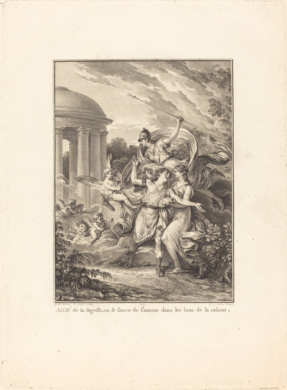 Frontispiece: Bilgeliğin yardımıyla, aşktan aklın kollarına kaçarız by Antoine Jean Duclos after Jean Michel Moreau