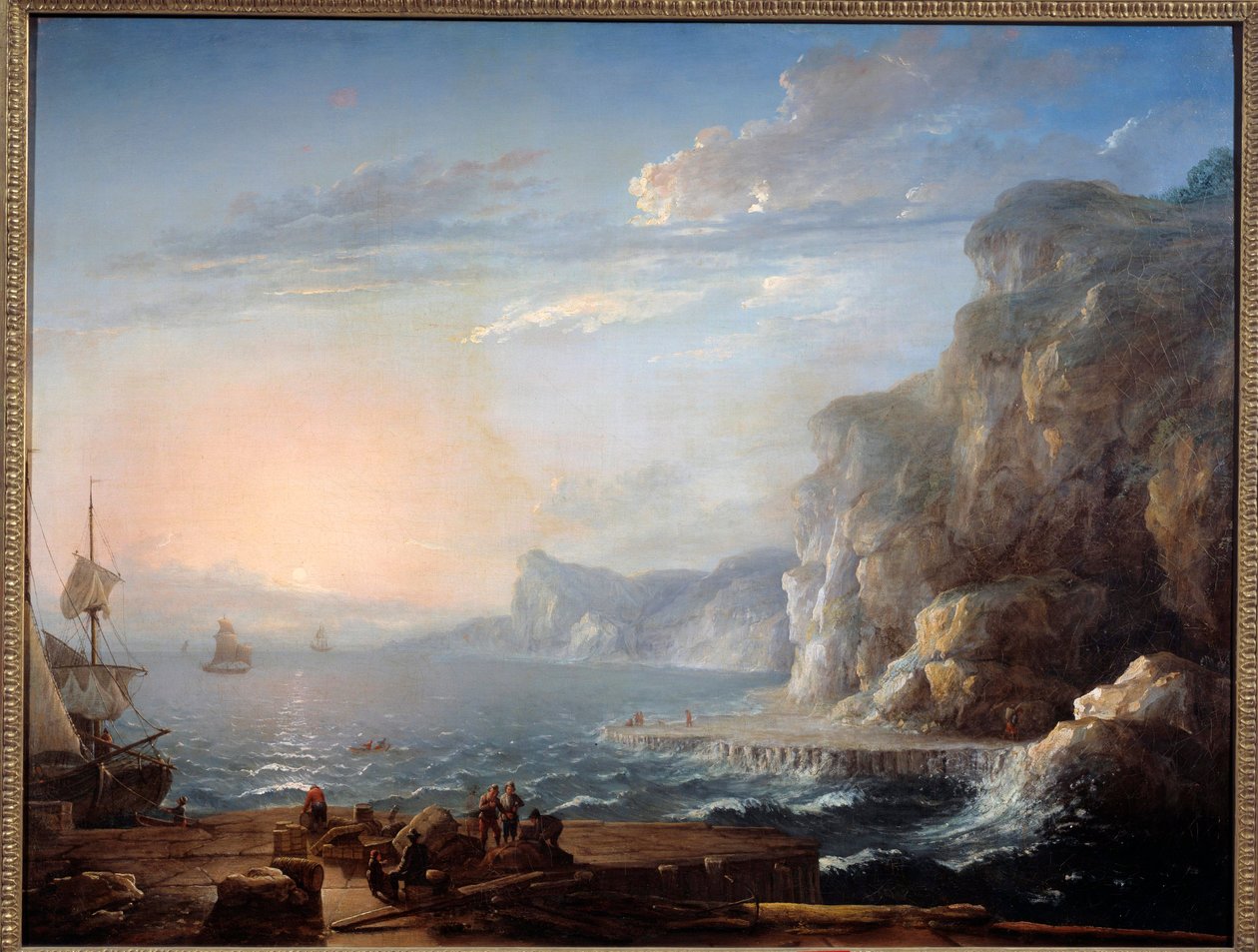 Günbatımı Denizde kayalıklardan ve kayalıklardan oluşan bir manzara, ön planda balıkçılar. Antoine Lebel (1705-1793) 18. yüzyıl Güneşi tarafından yapılan resim. 0,9x1,16 m Rouen, Güzel Sanatlar Müzesi by Antoine Lebel