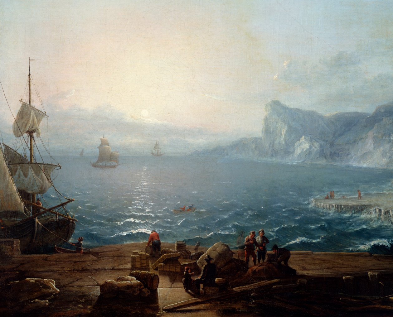 Günbatımı Denizde kayalıklardan ve kayalıklardan oluşan bir manzara, ön planda balıkçılar. Detay. Antoine Lebel (1705-1793) 18. yüzyıl Güneşi tarafından yapılan resim. 0,9x1,16 m Rouen, Güzel Sanatlar Müzesi by Antoine Lebel