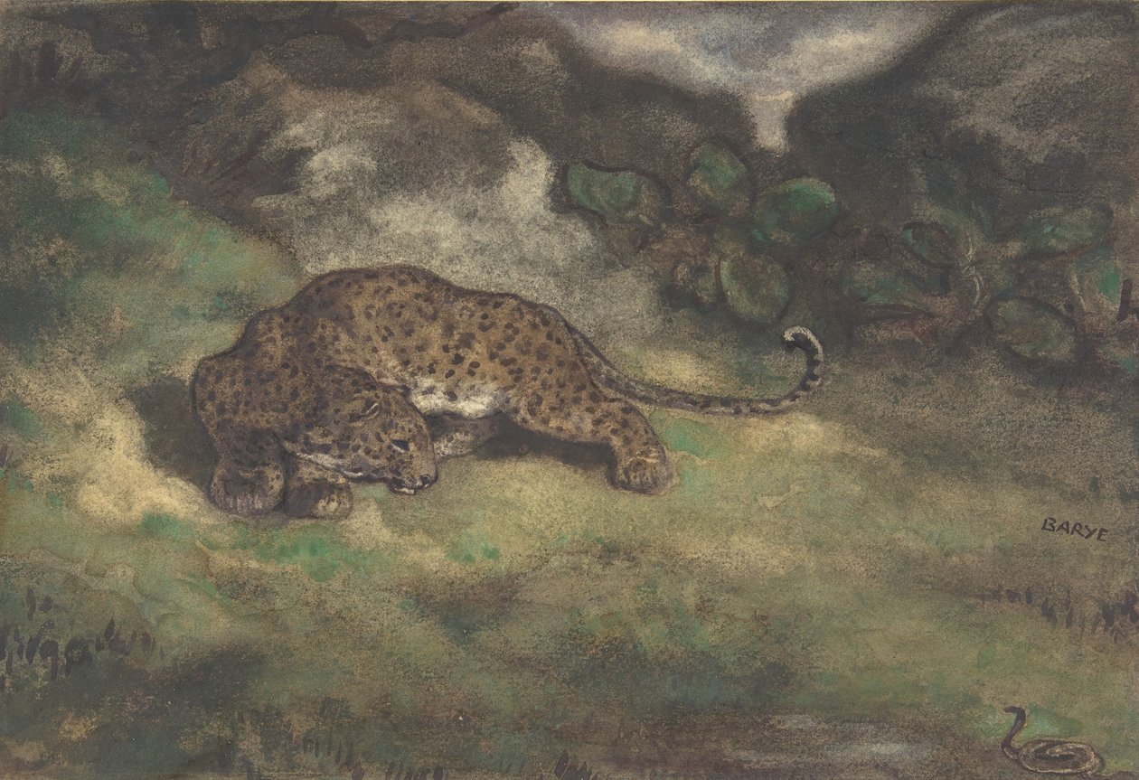 Leopard ve Serpent, 1810–75 (döşemeli kağıt üzerinde wc) by Antoine Louis Barye
