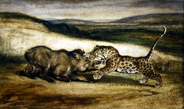 Bir yaban domuzu ile savaşan panter (suluboya) by Antoine Louis Barye