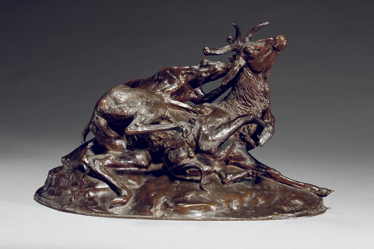 İki tazı tarafından düşürülen geyik (bronz) by Antoine Louis Barye