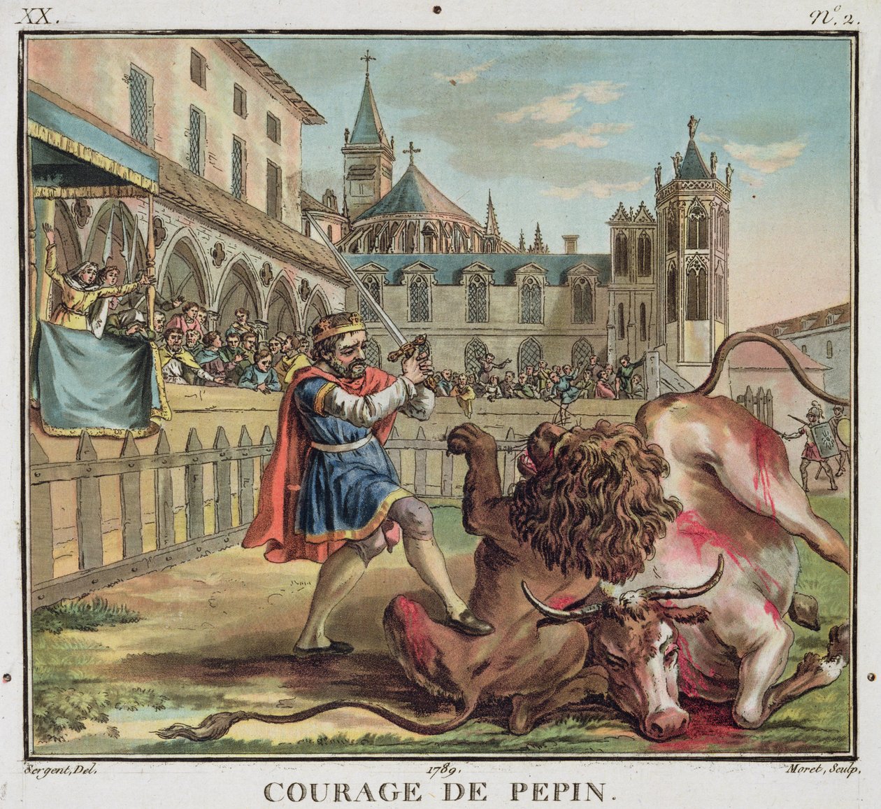 Pepin'in Cesareti (714-68), Jean Baptiste Morret (fl. 1790-1820) tarafından oyulmuş, 1789 (renkli gravür) by Antoine Louis Francois (after) Sergent Marceau