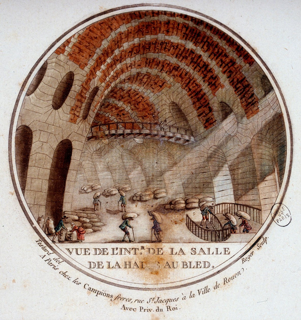 1763 ve 1766 yılları arasında Le Camus de Mézières tarafından inşa edilen yeni pazar salonunun iç görünümü, bugün Paris