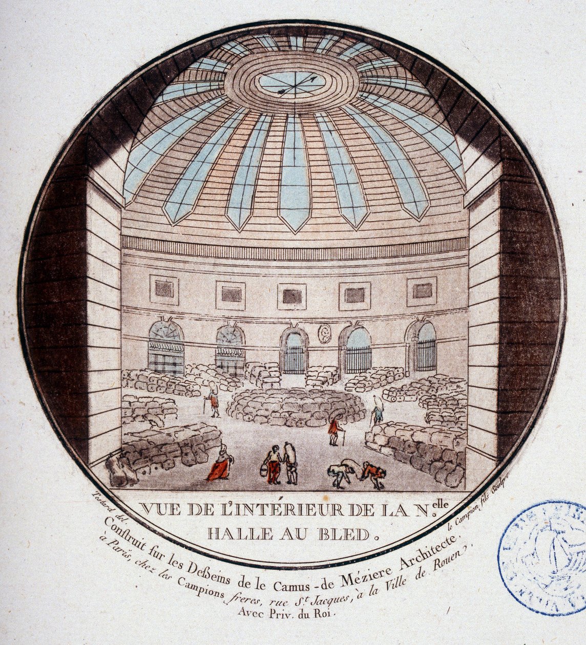 1763 ve 1766 yılları arasında Le Camus de Mézières tarafından inşa edilen yeni pazar salonunun iç görünümü, bugün Paris