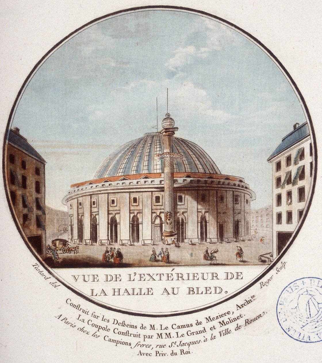 Buğday piyasasının dışarıdan görünümü, Le Camus de Mézières tarafından 1763 ve 1766 yılları arasında inşa edilen Paris, bugün Paris