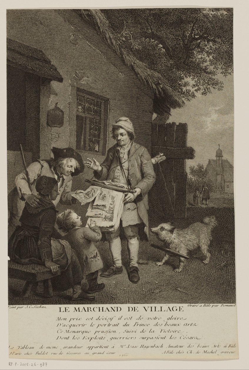 Bir köyde gezici matbaacı Le Marchand de Village (nesne üzerindeki başlık) by Antoine Louis Romanet