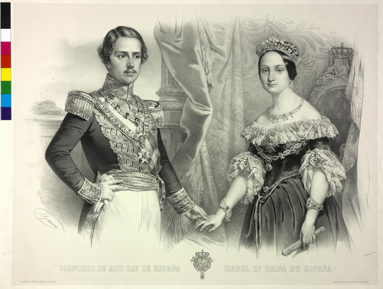 İspanya Kraliçesi ve eşi Franz Isabella II (litografi) by Antoine Maurin